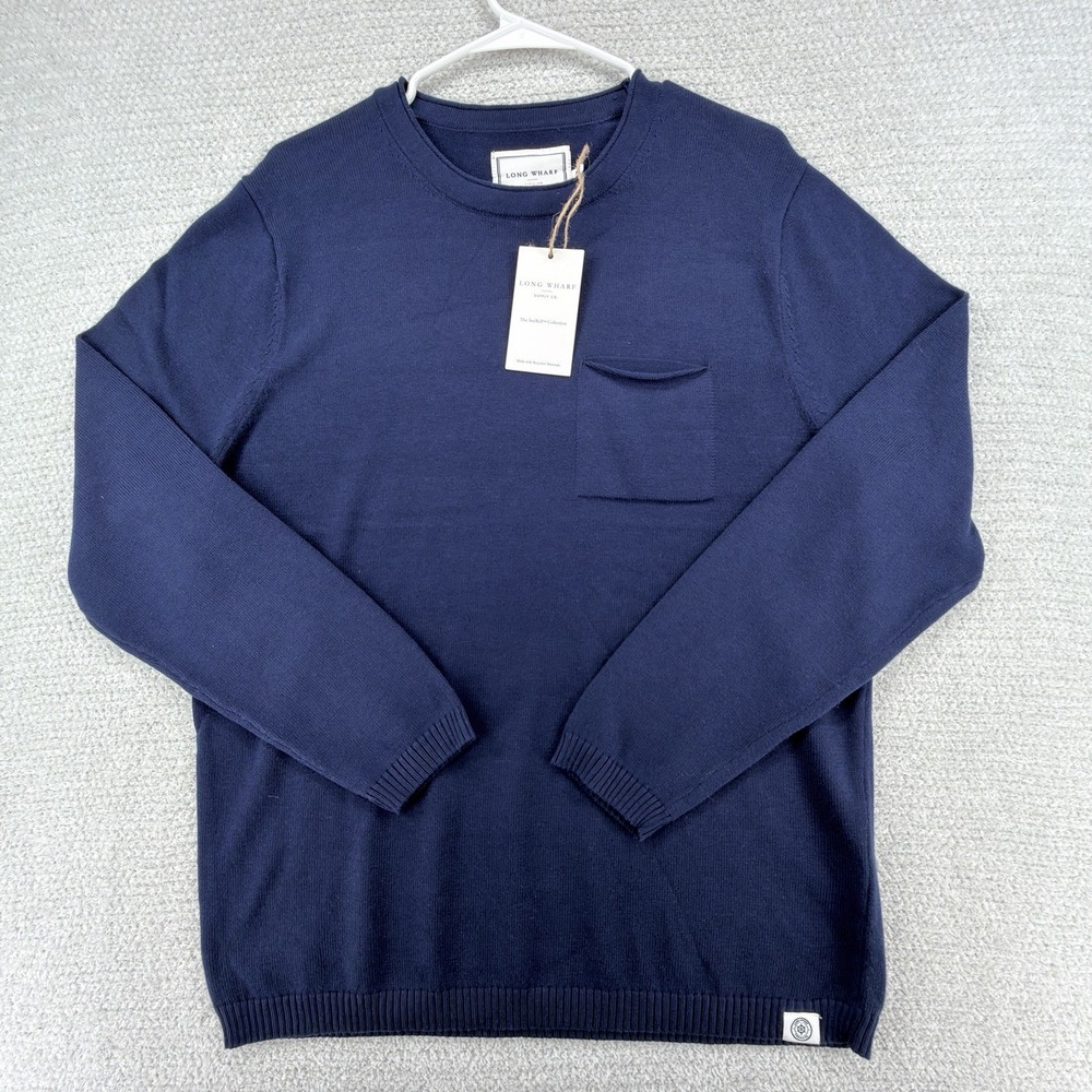 Long Wharf Sweater Mens Medium Newport Seawell Pocket Crew Navy Blue Rolled Knit